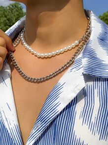 2入組男士人造珍珠裝飾項鍊 - 銀色 - 查看 6