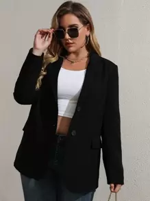 Flirla Plus Solid Flap Detail Button Front Blazer - Black - View 4