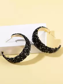 Rhinestone Decor Open Hoop Earrings - màu đen - Xem 1
