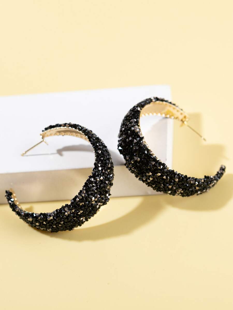 Rhinestone Decor Open Hoop Earrings - màu đen - Xem 1