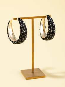 Rhinestone Decor Open Hoop Earrings - màu đen - Xem 2