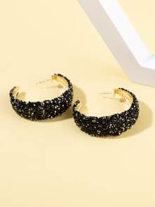Rhinestone Decor Open Hoop Earrings - màu đen - Xem 4