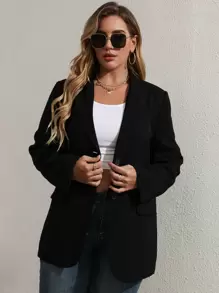 Flirla Plus Solid Flap Detail Button Front Blazer - Black - View 6