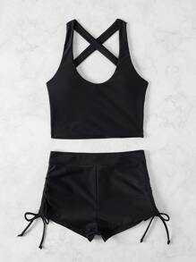 Bikini liền thân có dây buộc cho bãi biển mùa hè - màu đen - Xem 3