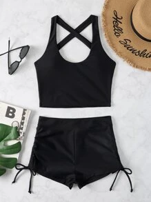 Bikini liền thân có dây buộc cho bãi biển mùa hè - màu đen - Xem 6