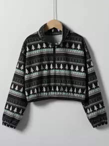 Girls Christmas Print Half Zipper Drop Shoulder Pullover - Multicolor - View 1