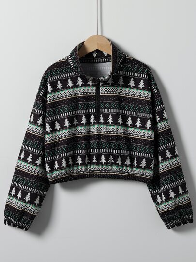 Girls Christmas Print Half Zipper Drop Shoulder Pullover