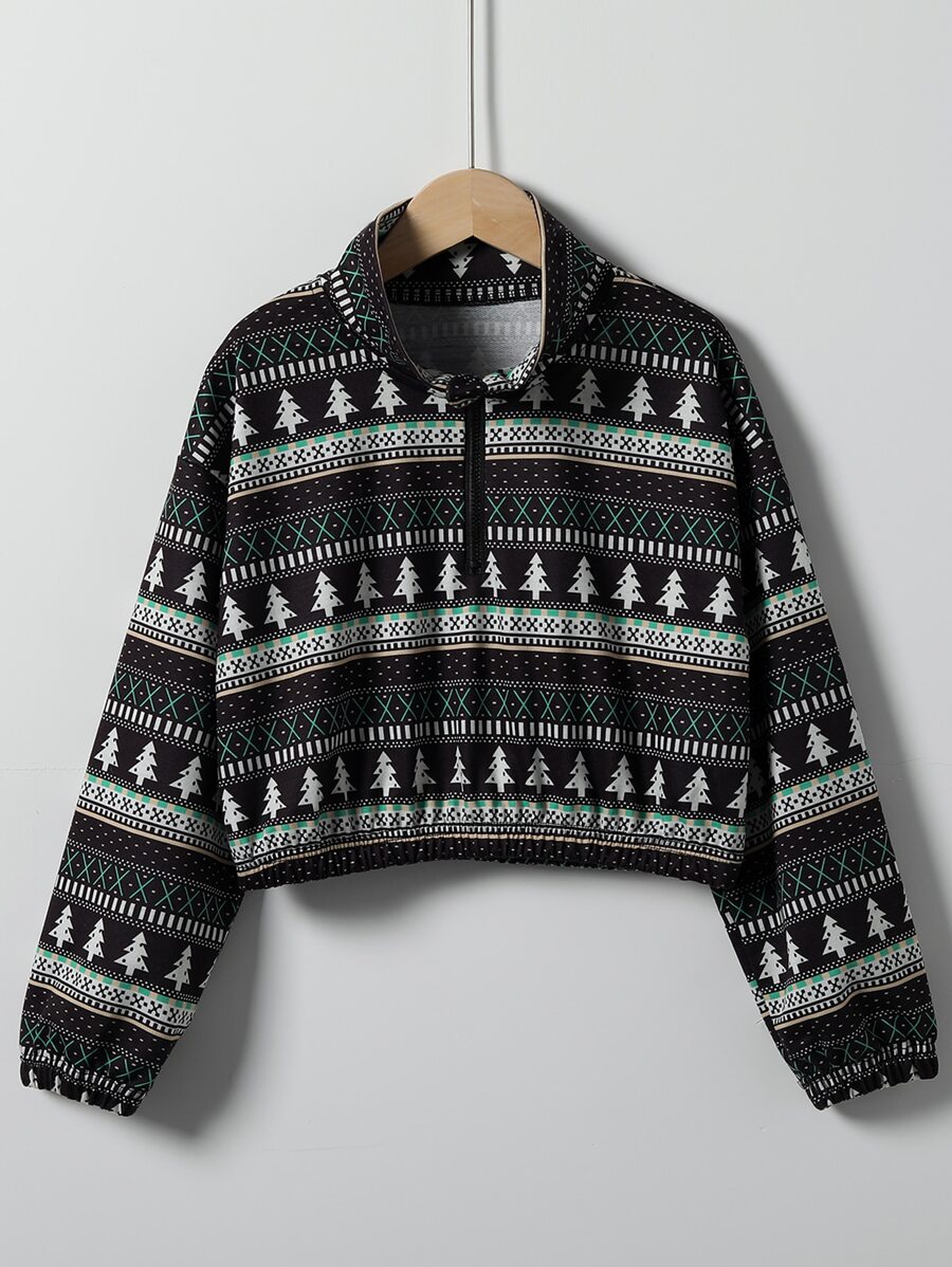 Girls Christmas Print Half Zipper Drop Shoulder Pullover - Multicolor - View 1