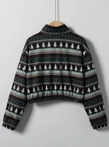 Girls Christmas Print Half Zipper Drop Shoulder Pullover - Multicolor - View 2