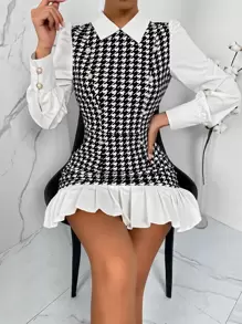SHEIN Privé Houndstooth Panel Puff Sleeve Pleated Hem Dress - Black and White - View 1