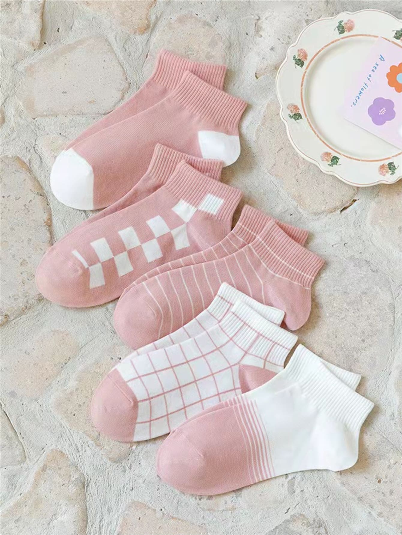 5雙格紋圖案襪子 - 彩色 - 查看 1