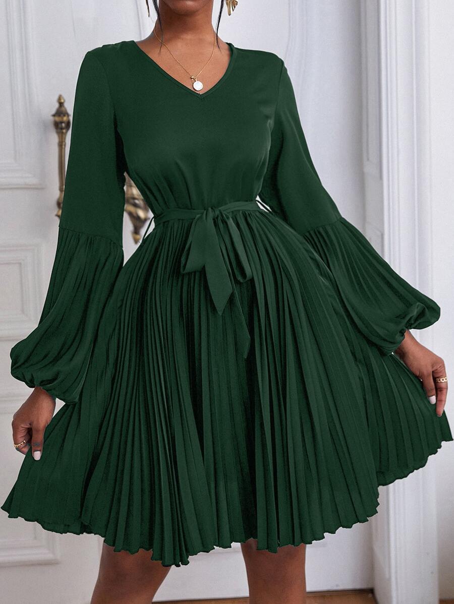 Lantern Sleeve Belted Pleated Dress - Dark Green - View 1