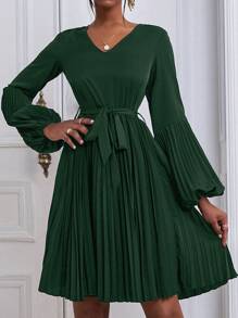 Lantern Sleeve Belted Pleated Dress - Dark Green - View 3