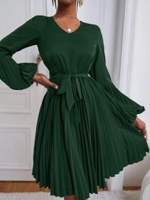 Lantern Sleeve Belted Pleated Dress - Dark Green - View 5