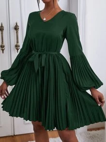 Lantern Sleeve Belted Pleated Dress - Dark Green - View 6