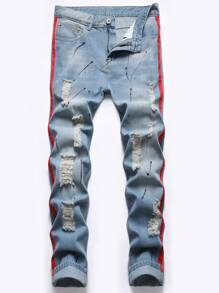 ROMWE MEN 男士圖案印花破洞牛仔褲 - 淺色水洗藍 - 查看 1