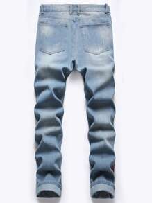 ROMWE MEN 男士圖案印花破洞牛仔褲 - 淺色水洗藍 - 查看 2