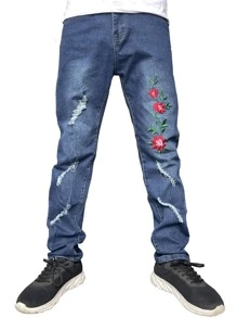 ROMWE MEN Quần Jeans Nam Nghề thêu Bị tách Denim mùa giặt Hoa - Rửa trung bình - Xem 1