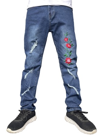 Hombres Jeans rotos con bordado floral
