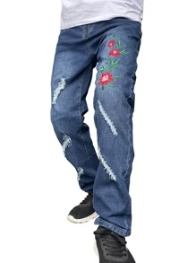 ROMWE MEN Quần Jeans Nam Nghề thêu Bị tách Denim mùa giặt Hoa - Rửa trung bình - Xem 4