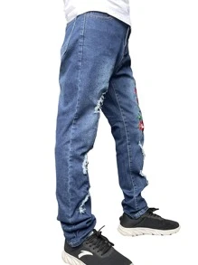 ROMWE MEN Quần Jeans Nam Nghề thêu Bị tách Denim mùa giặt Hoa - Rửa trung bình - Xem 6
