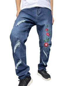 ROMWE MEN Quần Jeans Nam Nghề thêu Bị tách Denim mùa giặt Hoa - Rửa trung bình - Xem 7