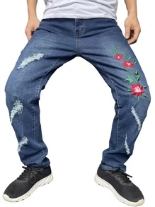 ROMWE MEN Quần Jeans Nam Nghề thêu Bị tách Denim mùa giặt Hoa - Rửa trung bình - Xem 8