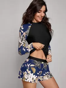 Floral Print Tankini Set Long Sleeve Swim Shirt & Hipster Bottom & Shorts 3 Piece Rashguard Bathing Suit - Multicolor - View 1