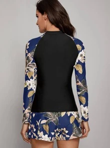 Floral Print Tankini Set Long Sleeve Swim Shirt & Hipster Bottom & Shorts 3 Piece Rashguard Bathing Suit - Multicolor - View 2