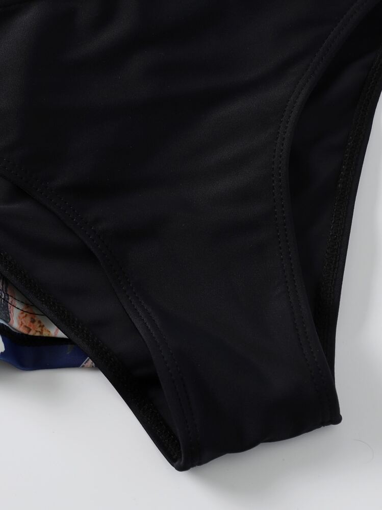 Floral Print Tankini Set Long Sleeve Swim Shirt & Hipster Bottom & Shorts 3 Piece Rashguard Bathing Suit - Multicolor - View 3