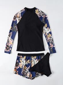 Floral Print Tankini Set Long Sleeve Swim Shirt & Hipster Bottom & Shorts 3 Piece Rashguard Bathing Suit - Multicolor - View 4
