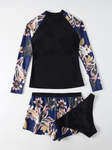 Floral Print Tankini Set Long Sleeve Swim Shirt & Hipster Bottom & Shorts 3 Piece Rashguard Bathing Suit - Multicolor - View 5