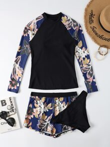 Floral Print Tankini Set Long Sleeve Swim Shirt & Hipster Bottom & Shorts 3 Piece Rashguard Bathing Suit - Multicolor - View 6