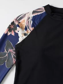 Floral Print Tankini Set Long Sleeve Swim Shirt & Hipster Bottom & Shorts 3 Piece Rashguard Bathing Suit - Multicolor - View 7