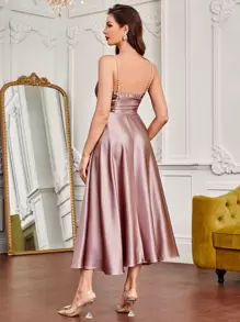 Modelyn Pearls Strap Overlap Collar Satin Cami Dress Elegant Semi Formal Wedding Guest Dress - Dusty Pink - View 2