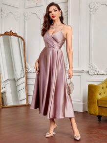 Modelyn Pearls Strap Overlap Collar Satin Cami Dress Elegant Semi Formal Wedding Guest Dress - Dusty Pink - View 3
