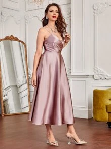 Modelyn Pearls Strap Overlap Collar Satin Cami Dress Elegant Semi Formal Wedding Guest Dress - Dusty Pink - View 5
