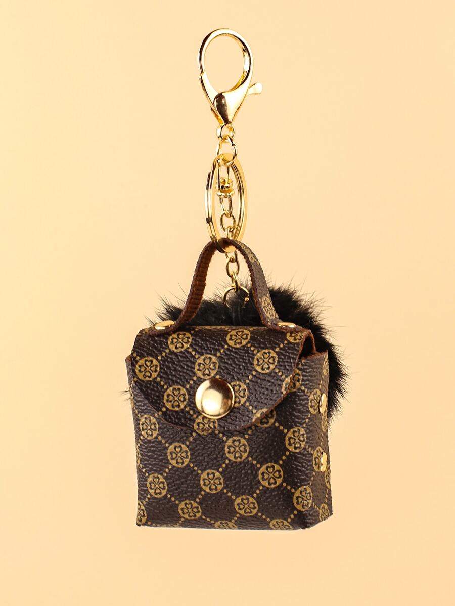 Geometric Graphic Pom-Pom Decor Bag Charm Casual - Brown - View 1