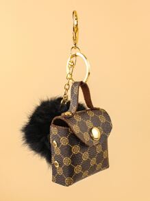 Geometric Graphic Pom-Pom Decor Bag Charm Casual - Brown - View 3