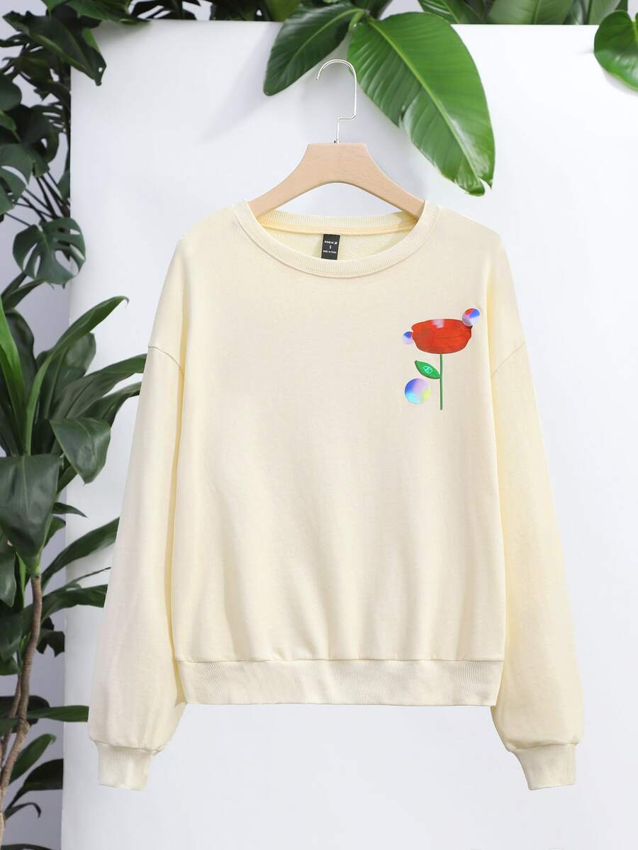 Junhan Floral Graphic Drop Shoulder Sweatshirt - Beige - View 1