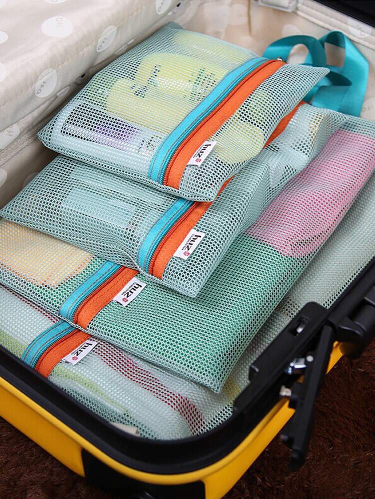4pcs Mesh Travel Storage Bag Set, Multifunction Wash Bag For Travel For Travel Storage Bag,Makeup Bag,Cosmetic Bag,Vacation Organizer,Large Capacity Makeup Organizer Makeup Case, For Lipstick, Brush, Skincare, Mobile Phone, Coin, Small Items, For Home,Gift,Vacation And Festival Halloween Christmas Multifunctional Use,Boho Vibes - Blue - View 13