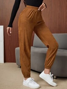 SHEIN LUNE Solid Corduroy Carrot Trousers - Brown - View 1