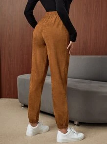 SHEIN LUNE Solid Corduroy Carrot Trousers - Brown - View 2
