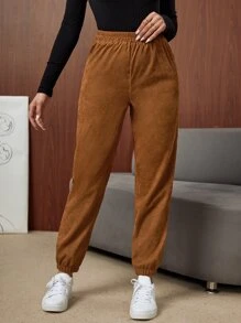 SHEIN LUNE Solid Corduroy Carrot Trousers - Brown - View 4