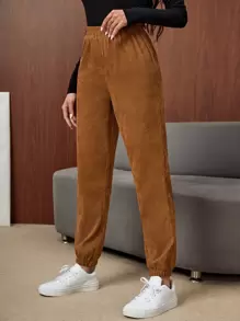 SHEIN LUNE Solid Corduroy Carrot Trousers - Brown - View 5