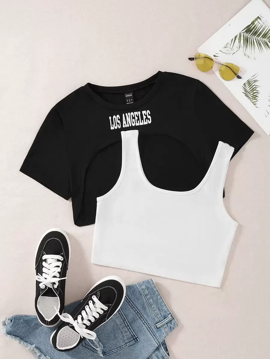 SHEIN Unity Áo Crop Tank Top & Áo Thun In Chữ Graphic Tees Áo Nữ - Đen và trắng - Xem 1