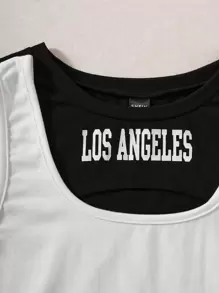 SHEIN Unity Áo Crop Tank Top & Áo Thun In Chữ Graphic Tees Áo Nữ - Đen và trắng - Xem 4