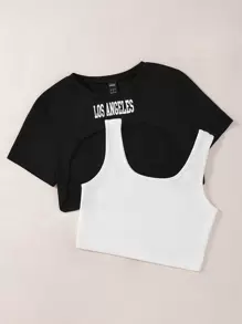 SHEIN Unity Áo Crop Tank Top & Áo Thun In Chữ Graphic Tees Áo Nữ - Đen và trắng - Xem 6
