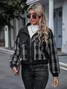 SHEIN EZwear Plaid Zip Up Overcoat - Black and White - View 1