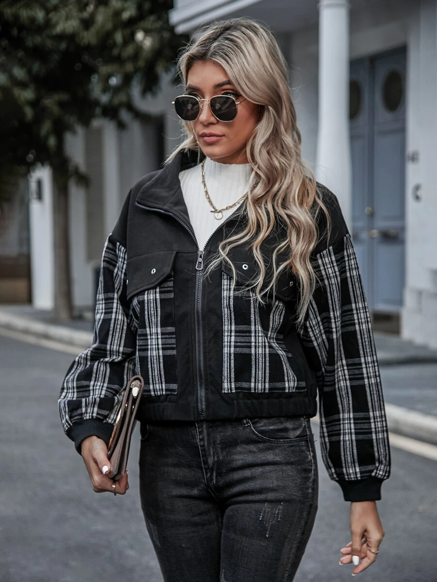 SHEIN EZwear Plaid Zip Up Overcoat - Black and White - View 1